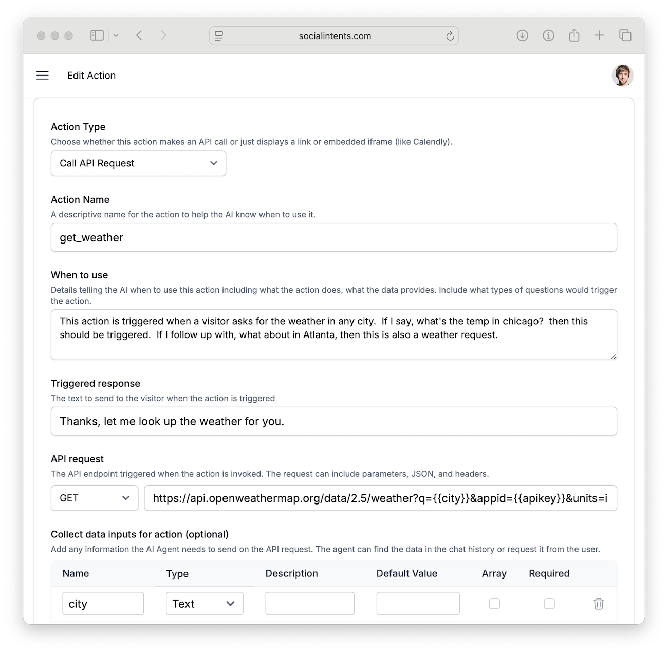 Custom API action configuration screen